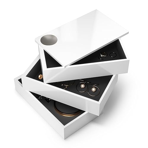 Umbra Spindle Jewlery Box, Stacked Jewelry Box with Three Compartments, High-gloss Finish, White