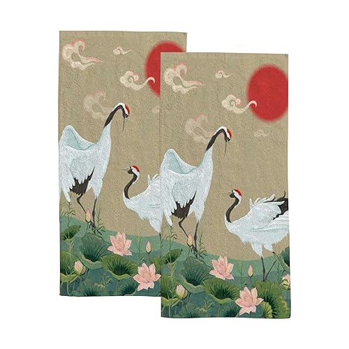 Hapuxt Hand Towels Face Towels Set of 2 Japanese Cranes Lotuses Asian Oriental Style Soft Comfortable Polyester Microfiber Fast Water Absorbent…