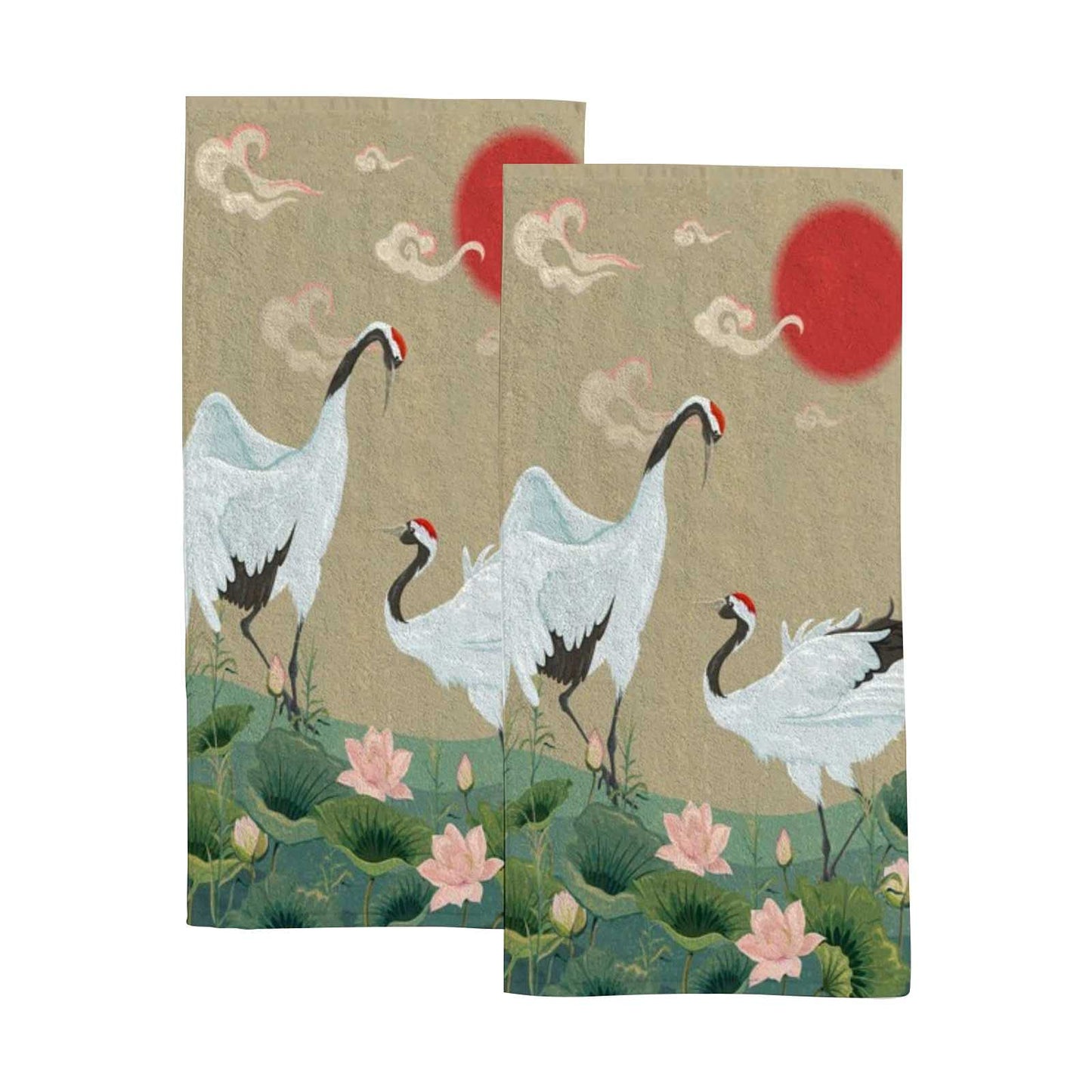 Hapuxt Hand Towels Face Towels Set of 2 Japanese Cranes Lotuses Asian Oriental Style Soft Comfortable Polyester Microfiber Fast Water Absorbent…
