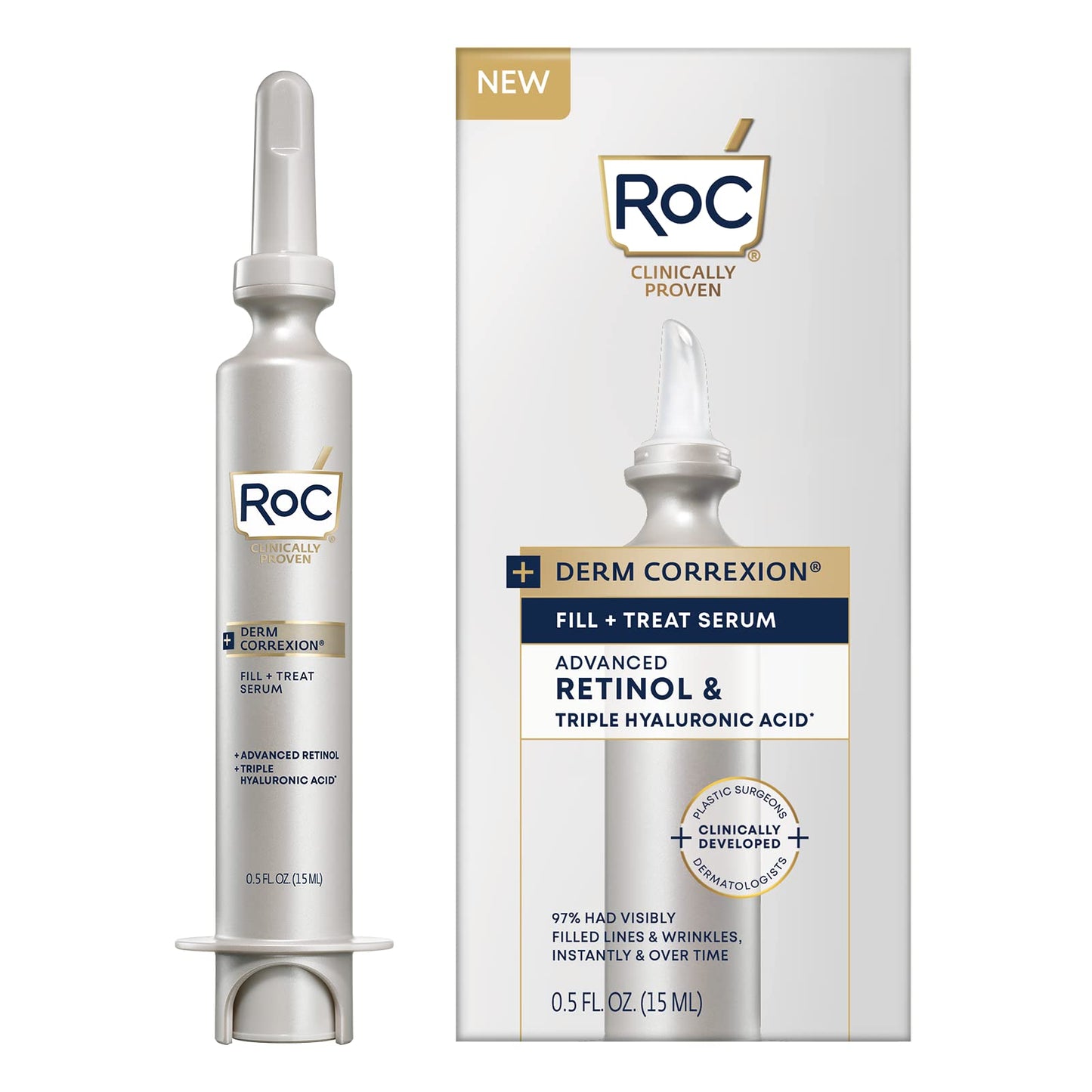 RoC Derm Correxion Fill + Treat Advanced Retinol Serum with Hyaluronic Acid for Forehead Wrinkles, Crow's Feet, Eleven Wrinkles, and Laugh Lines