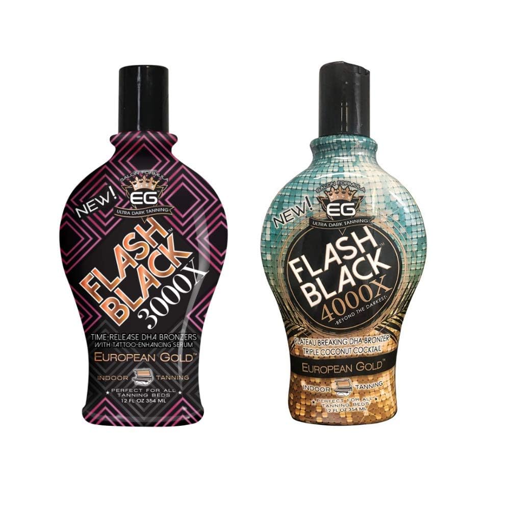 Bundle Set of 2: European Gold Flash Black 3000X Indoor Tanning Lotion with Time-Release DHA Bronzers, 12 oz and European Gold Flash Black 4000X
