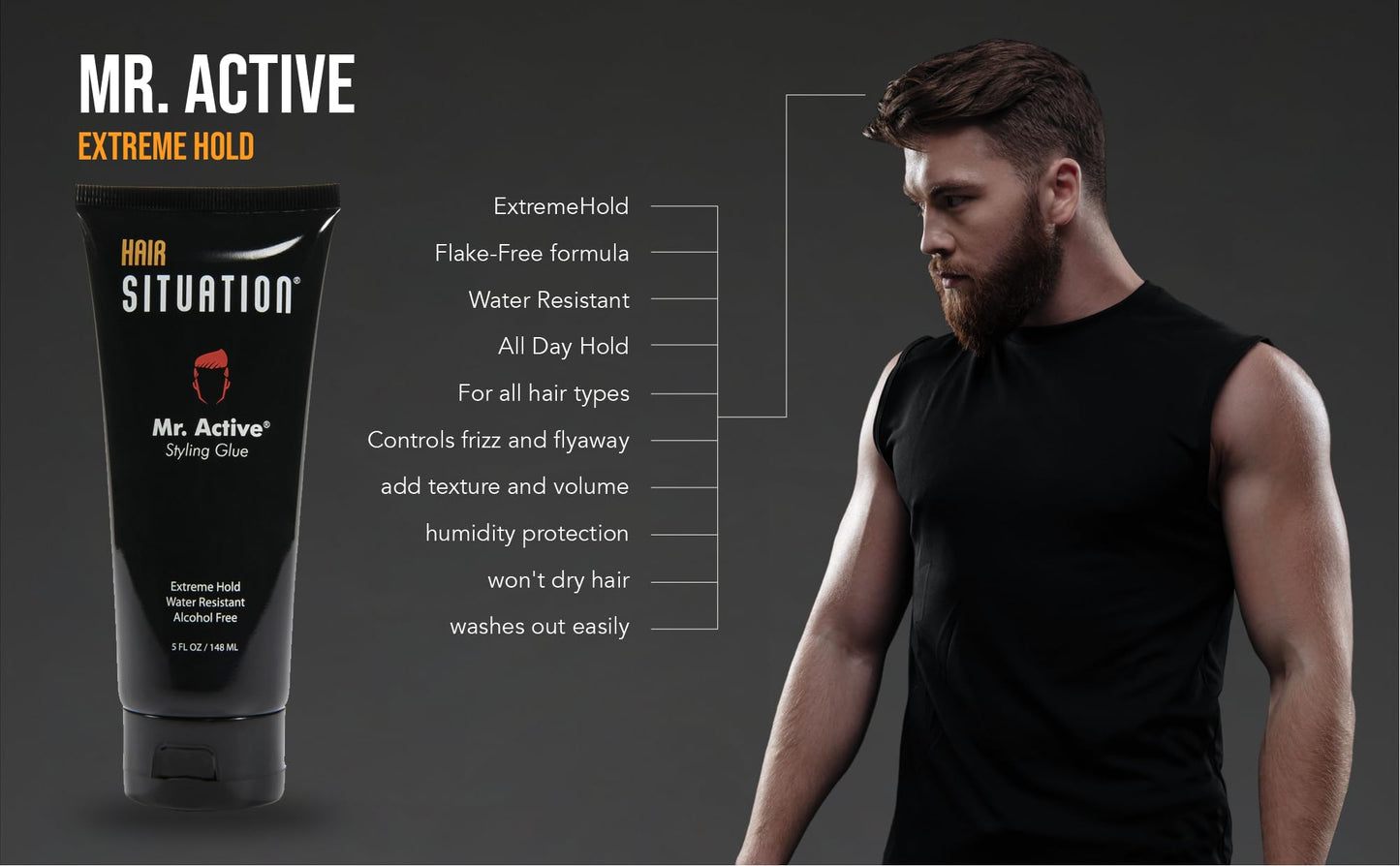 Hair Situation Mr. Active Hair Styling Glue - Strong Hold Hair Gel for Men, Maximum Grip, Anti-Frizz, Humidity Shield, Non-Flaking, Alcohol-Free, Adds