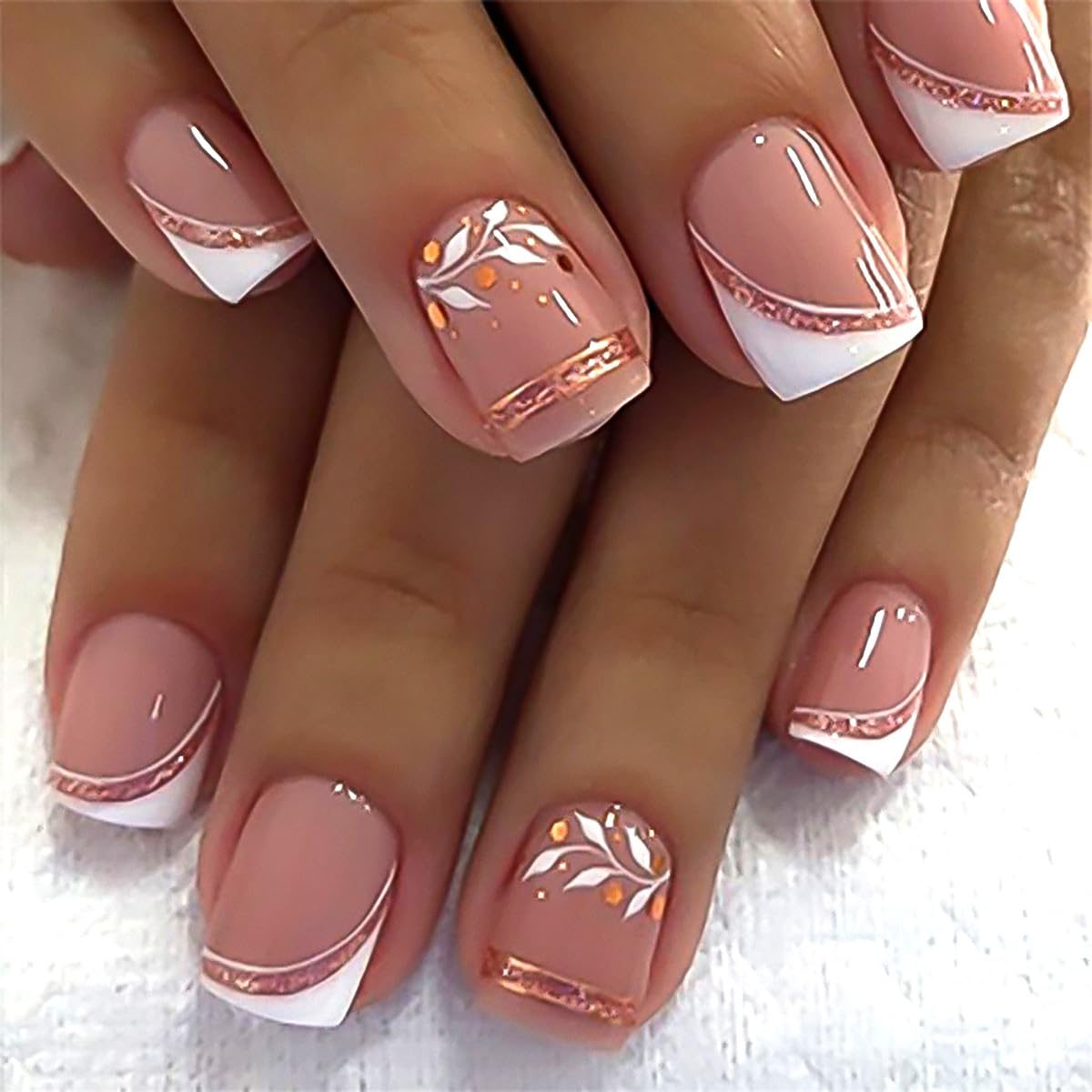 Stbisen French Press On Nails Short Square, Nude Fake Nails with White French Tip and Minimalist Purple and Gold Line Design, Glossy Gel Acrylic Beauty and Personal Care Stbisen Default Title