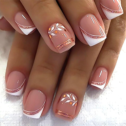 Stbisen French Press On Nails Short Square, Nude Fake Nails with White French Tip and Minimalist Purple and Gold Line Design, Glossy Gel Acrylic Beauty and Personal Care Stbisen Default Title