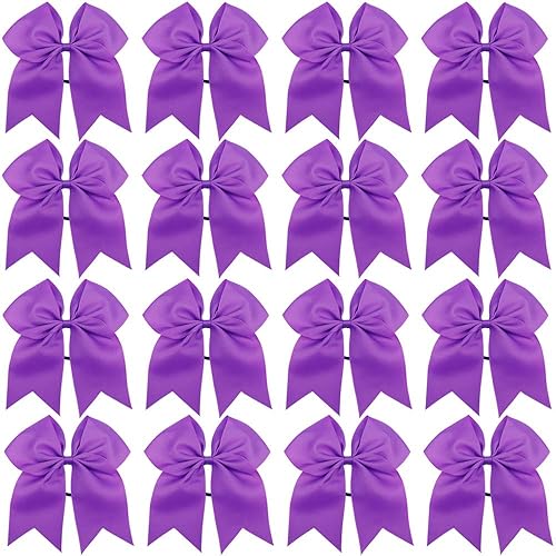 16PCS 8" Large Cheer Hair Bows Ponytail Holder Elastic Band Handmade for Cheerleading Teen Girls College Sports (Purple, 1 Count (Pack of 16))
