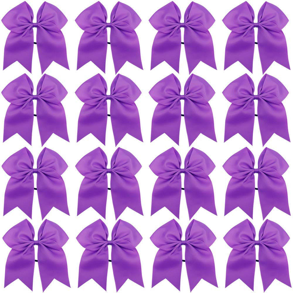 16PCS 8" Large Cheer Hair Bows Ponytail Holder Elastic Band Handmade for Cheerleading Teen Girls College Sports (Purple, 1 Count (Pack of 16))