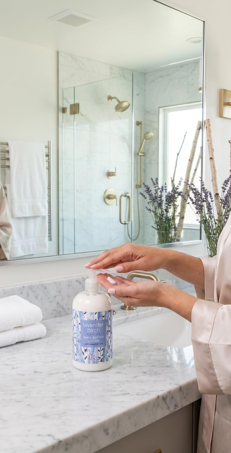 Greenwich Bay Trading Lavender Birch Lotion, 16 fl oz pump bottle. Hydrating body lotion with shea butter, cocoa butter & vitamin E. Soothing lavender