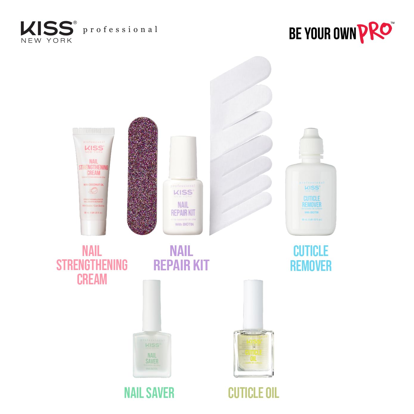 Kiss New York Nail Repair Kit for Damage, Broken, Cracked and Weak Nails - Biotin Infused Glue, File, and 2 Wraps - Made in Korea