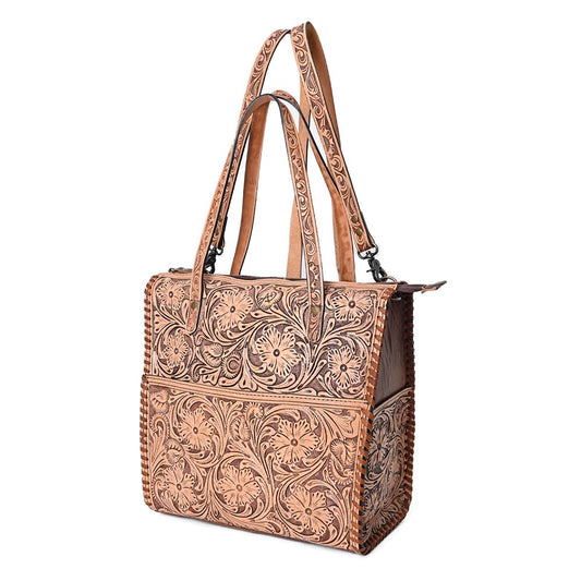 American Darling Hand-Tooled Floral Leather Backpack Tote for Women - Genuine Western Convertible Bag with Adjustable Straps and Dual Handles