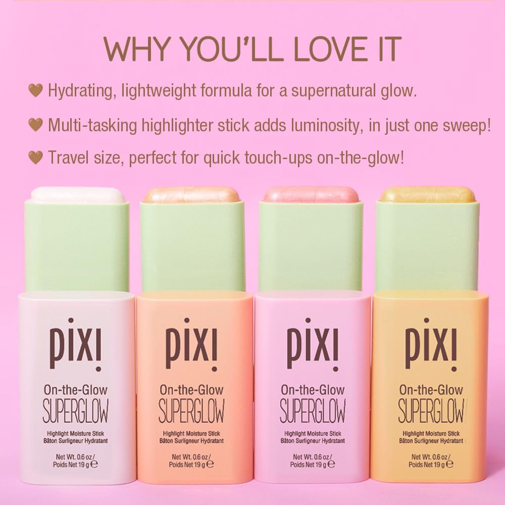 Pixi On-the-Glow SuperGlow | Shade GildedGold | Hydrating Highlighter Stick with Ginseng, Aloe Vera & Fruit Extracts | For Cheeks & Brow Bones | 19g