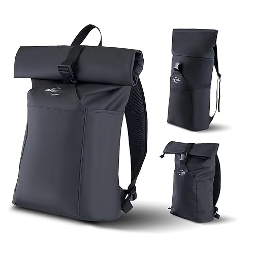 iMZOON Rolltop Backpack for Men Women, Lightweight,PU Waterproof Bag Laptop Backpack Fits 16 inch Laptop Large Capacity Adjustable 23L for Travel Sports Work University Camping School Season,Black
