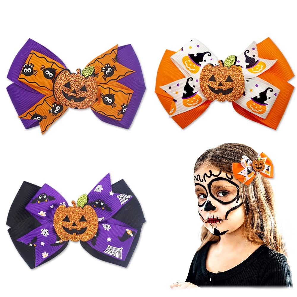 3PCS Halloween Hair Bows Clips Glitter Faux Leather Hair Clips Spider Pumpkins Grosgrain Ribbon Bows Boutique Hair Pins Accessories for Girls Women