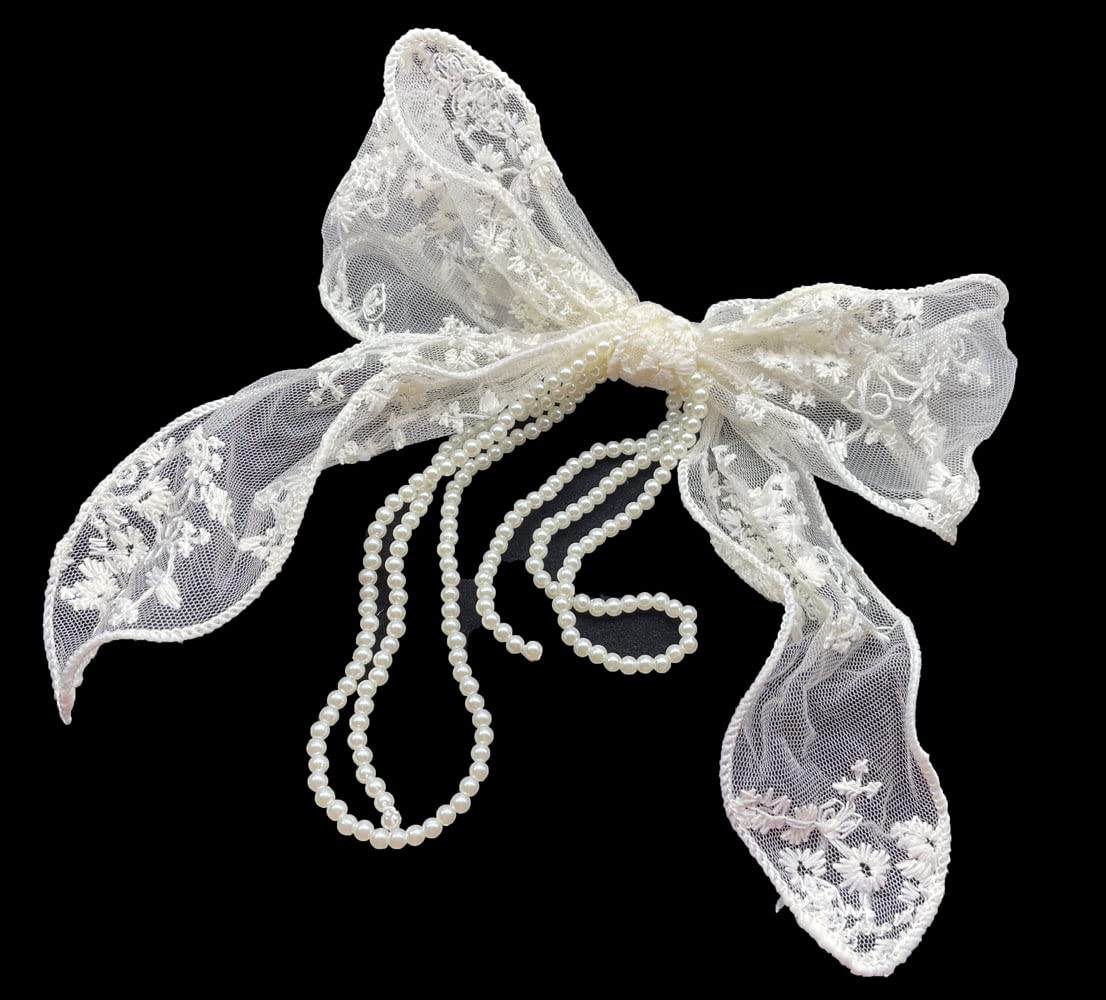 Sovenny 3 Pieces Lace Bow Pearl Chain Hair Clips Flower Embroidery Non Slip Hair Bow Barrettes for Women and Girls (White, Beige, Black)