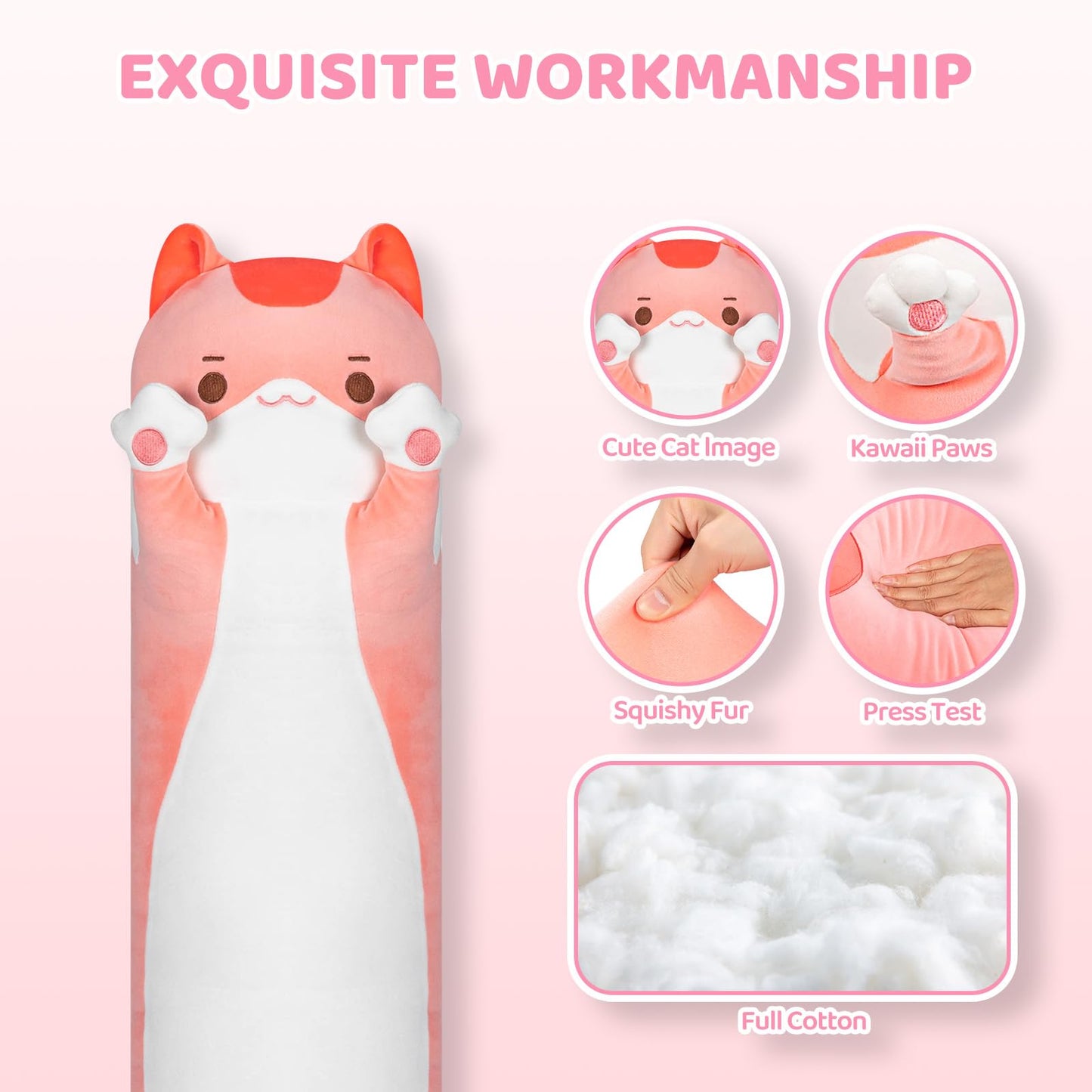 Mewaii Artist-Designed Ultra Soft Long Cat Plush Body Pillow, Extra Stuffing for Comfort, Premium Quality Stuffed Animal Gift for Girlfriend or Cat…
