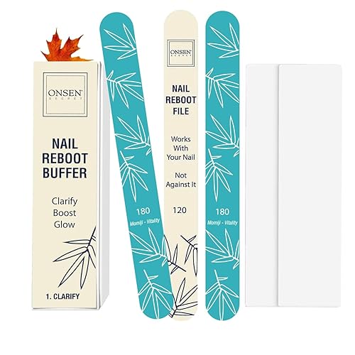 Onsen Japanese Nail Shape & Shine Kit | 3-Way Nail Buffer Block w/ 2 Extra Pads & 6-Pack Professional File 120/180 Grit for Natural and Acrylic Nails