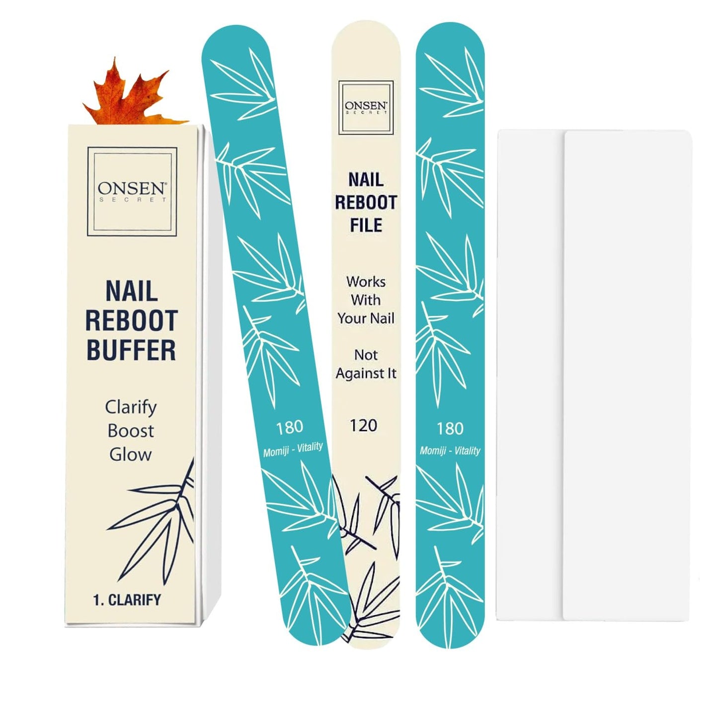 Onsen Japanese Nail Shape & Shine Kit | 3-Way Nail Buffer Block w/ 2 Extra Pads & 6-Pack Professional File 120/180 Grit for Natural and Acrylic Nails