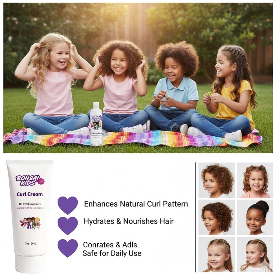Bonsai Kids Curl Cream for Kids & Toddlers - Moisturizing Leave-In Curl Defining Cream for Curly, Coily & Wavy Hair, Frizz Control, Soft Hold