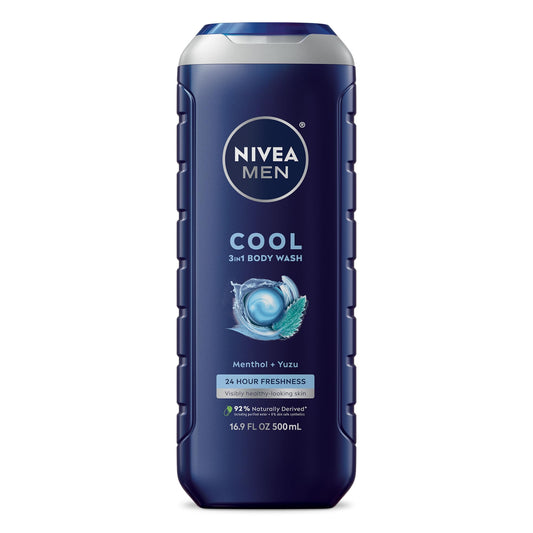 Nivea Men Cool Body Wash, Icy Menthol and Yuzu Scent, 3-in-1 Men's Body Wash, Face and Hair, Paraben Free, pH-Skin Friendly, 16.9 Fl Oz Bottle