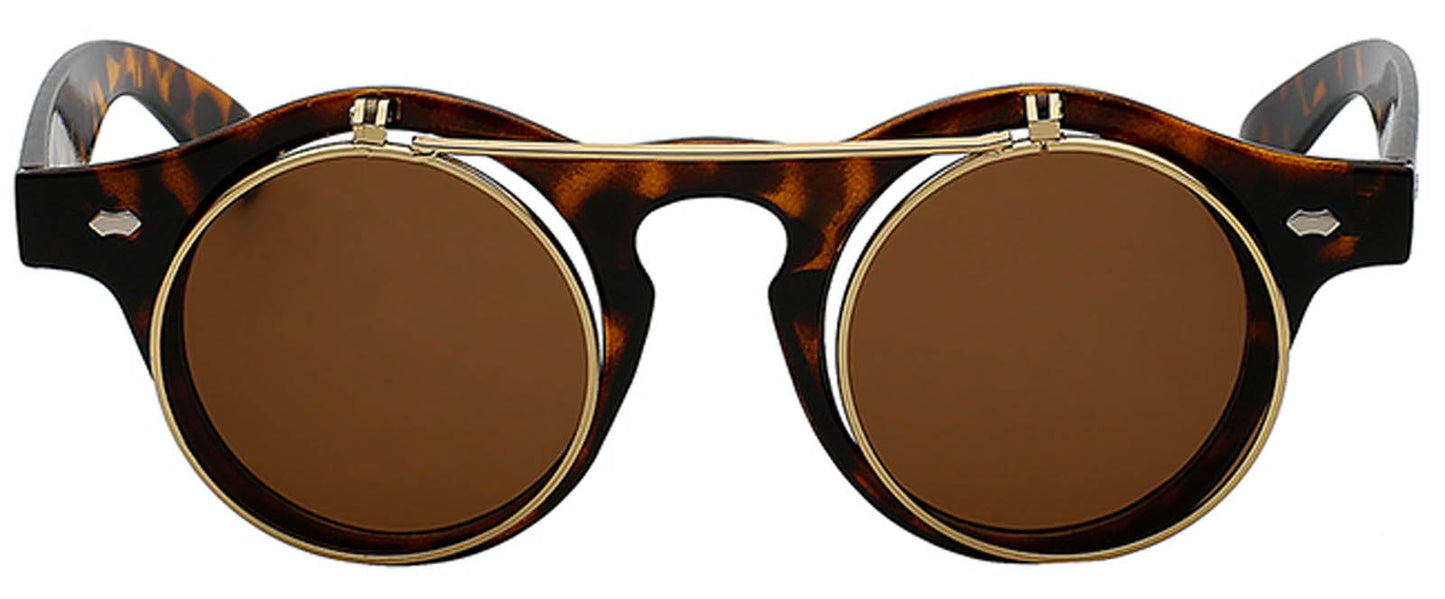 Classic Vintage Circle Flip Up Sunglasses Leopard Gold Frame Retro