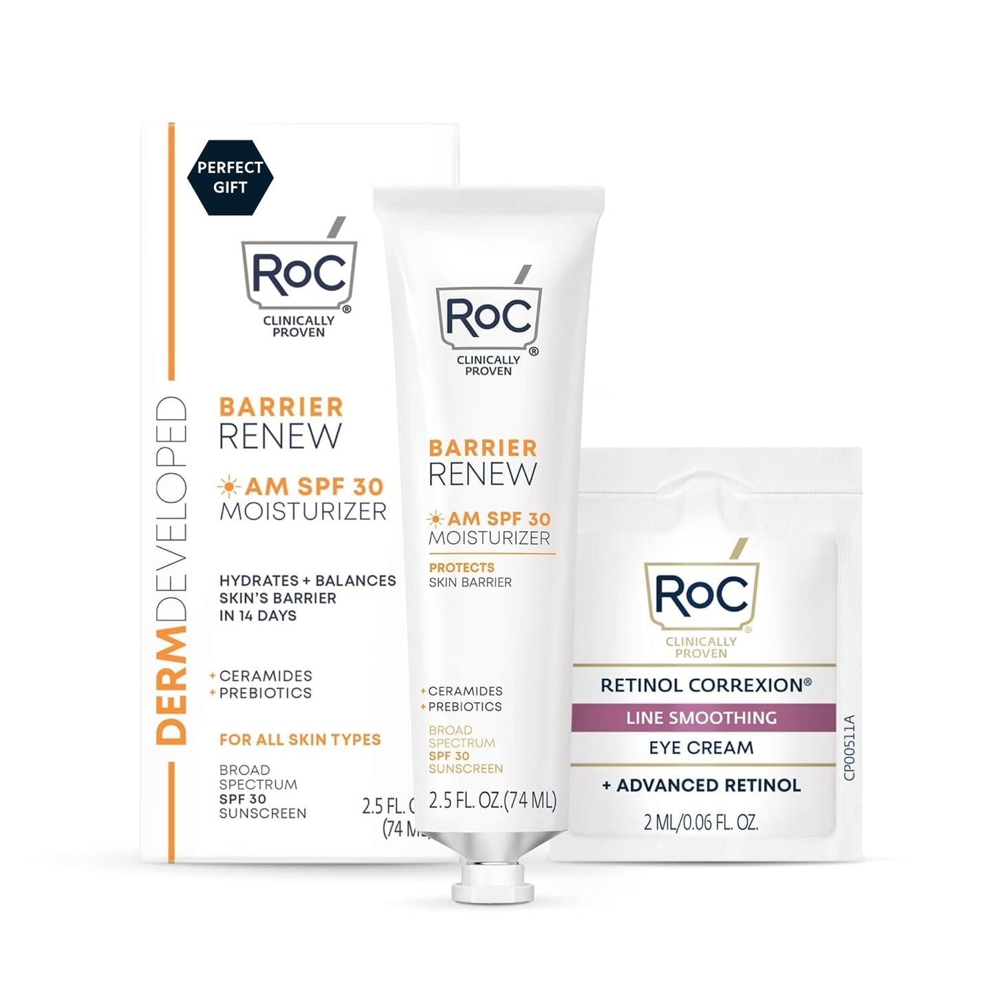 RoC Barrier Renew Day Cream with SPF 30, Moisturizer with Ceramides & Prebiotics to Protect Skin Barrier, (2.5 oz) with Retinol Eye Cream Packette