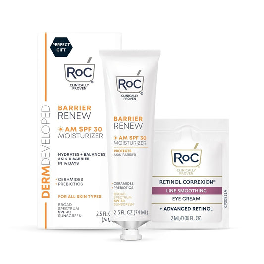 RoC Barrier Renew Day Cream with SPF 30, Moisturizer with Ceramides & Prebiotics to Protect Skin Barrier, (2.5 oz) with Retinol Eye Cream Packette
