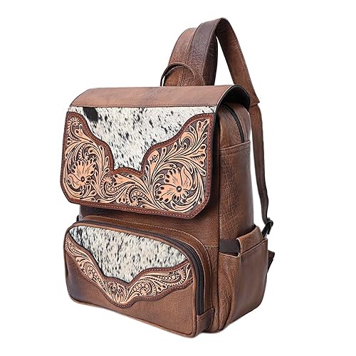 American Darling Western Backpack Handcrafted from Hair-On Cowhide & Genuine Leather | Tooled Floral Trim & Multi-Pocket Design