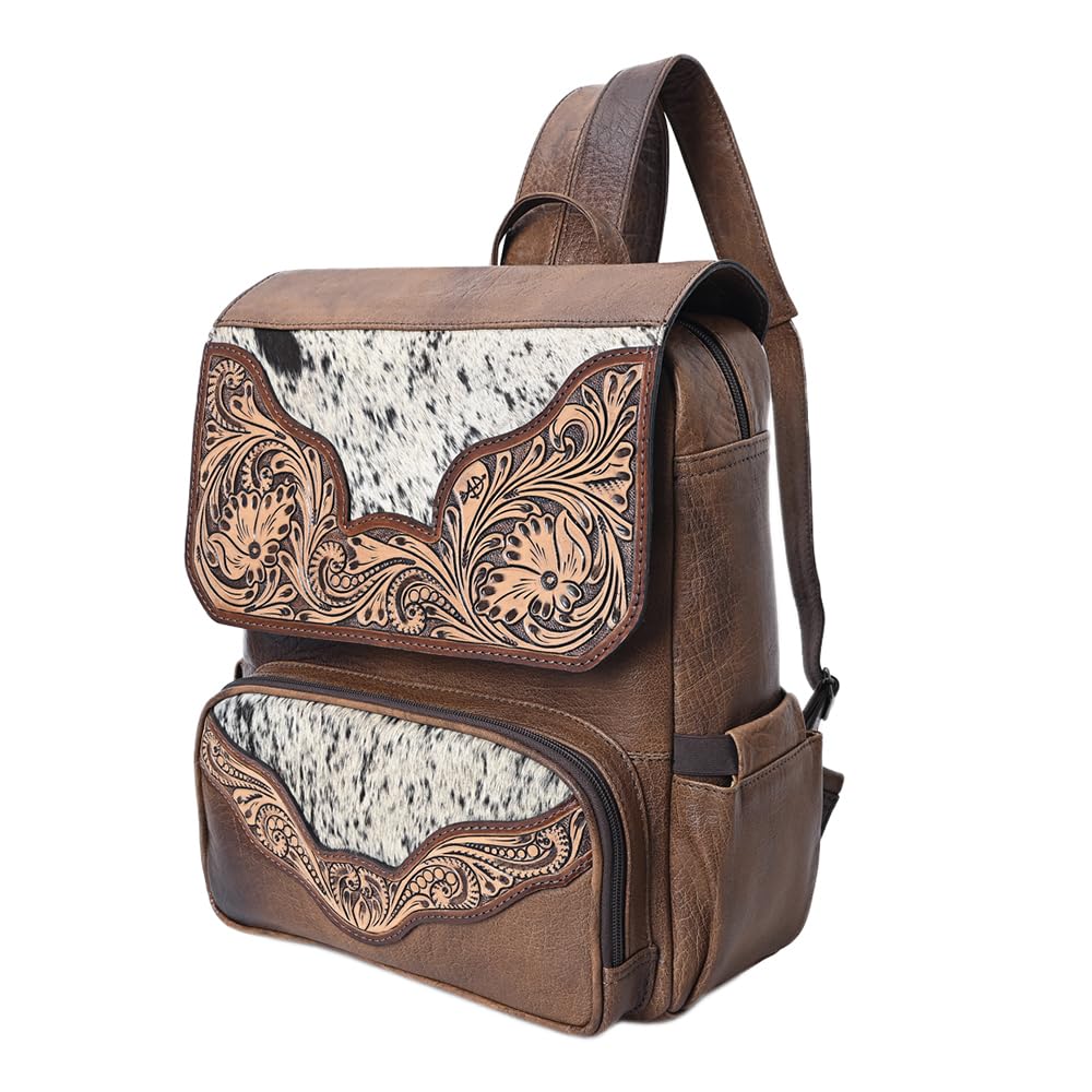 American Darling Western Backpack Handcrafted from Hair-On Cowhide & Genuine Leather | Tooled Floral Trim & Multi-Pocket Design