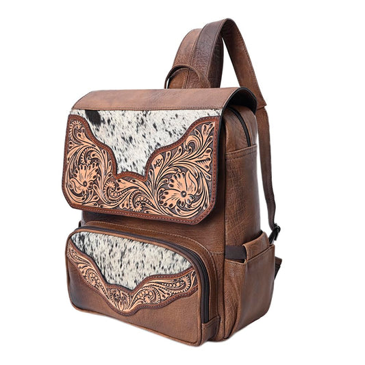 American Darling Western Backpack Handcrafted from Hair-On Cowhide & Genuine Leather | Tooled Floral Trim & Multi-Pocket Design