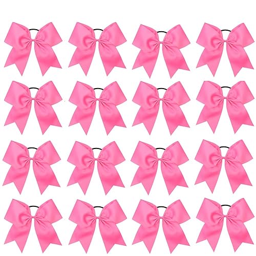 16PCS 8" Large Cheer Hair Bows Ponytail Holder Elastic Band Handmade for Cheerleading Teen Girls College Sports (Hot Pink, 1 Count (Pack of 16))