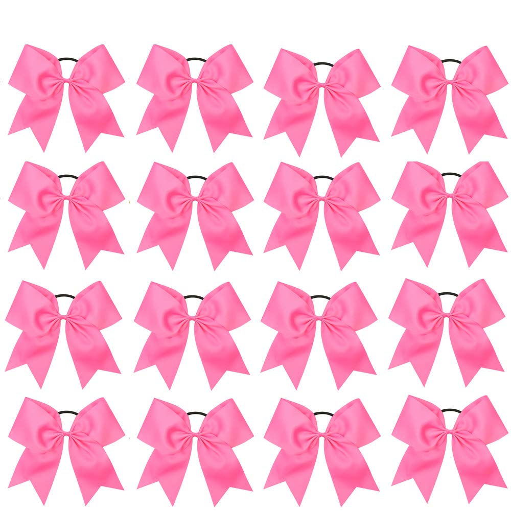 16PCS 8" Large Cheer Hair Bows Ponytail Holder Elastic Band Handmade for Cheerleading Teen Girls College Sports (Hot Pink, 1 Count (Pack of 16))