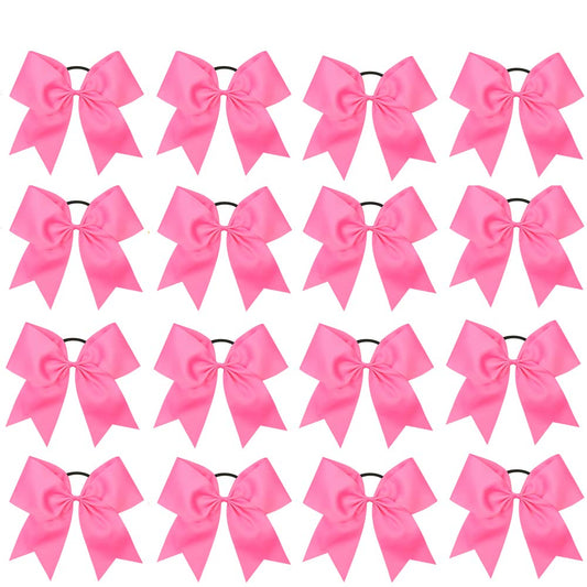 16PCS 8" Large Cheer Hair Bows Ponytail Holder Elastic Band Handmade for Cheerleading Teen Girls College Sports (Hot Pink, 1 Count (Pack of 16))