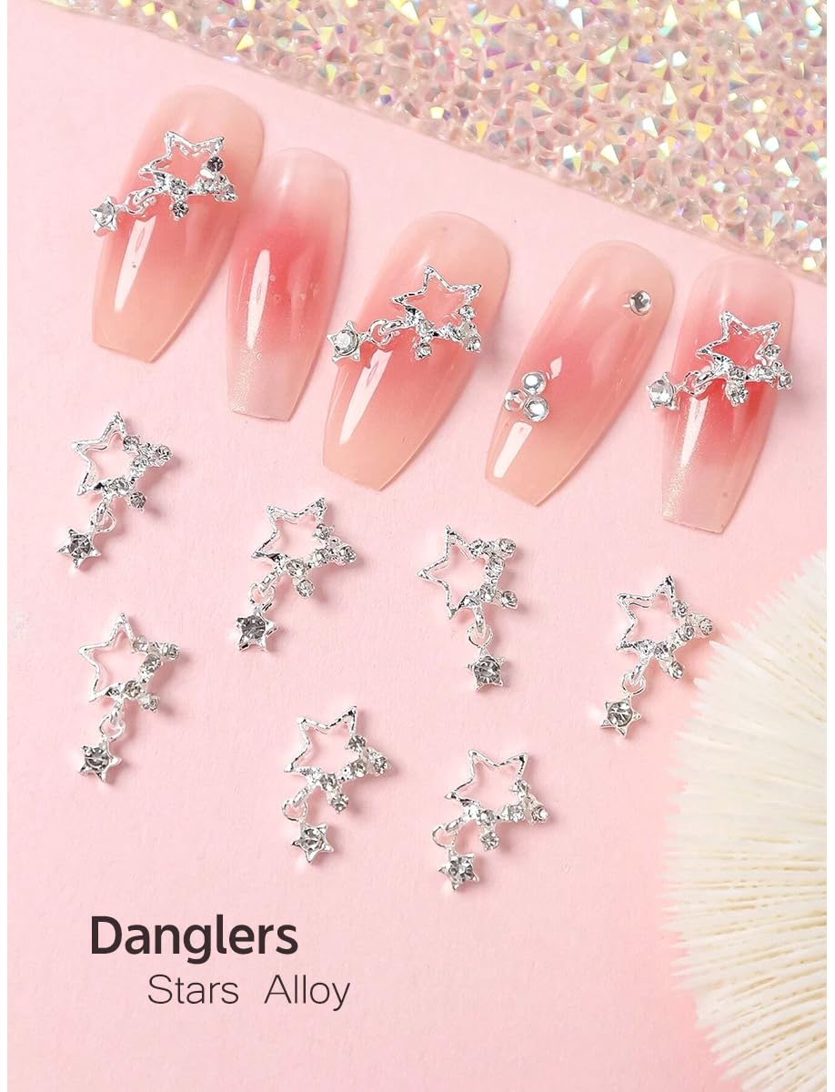 qiipii 32Pcs Star Nail Charms for Acrylic Nails 3D Silver Dangle Stars Nail Rhinestones Gems Jewels Pentagram Cute Crystal Diamond Alloy Studs Nail