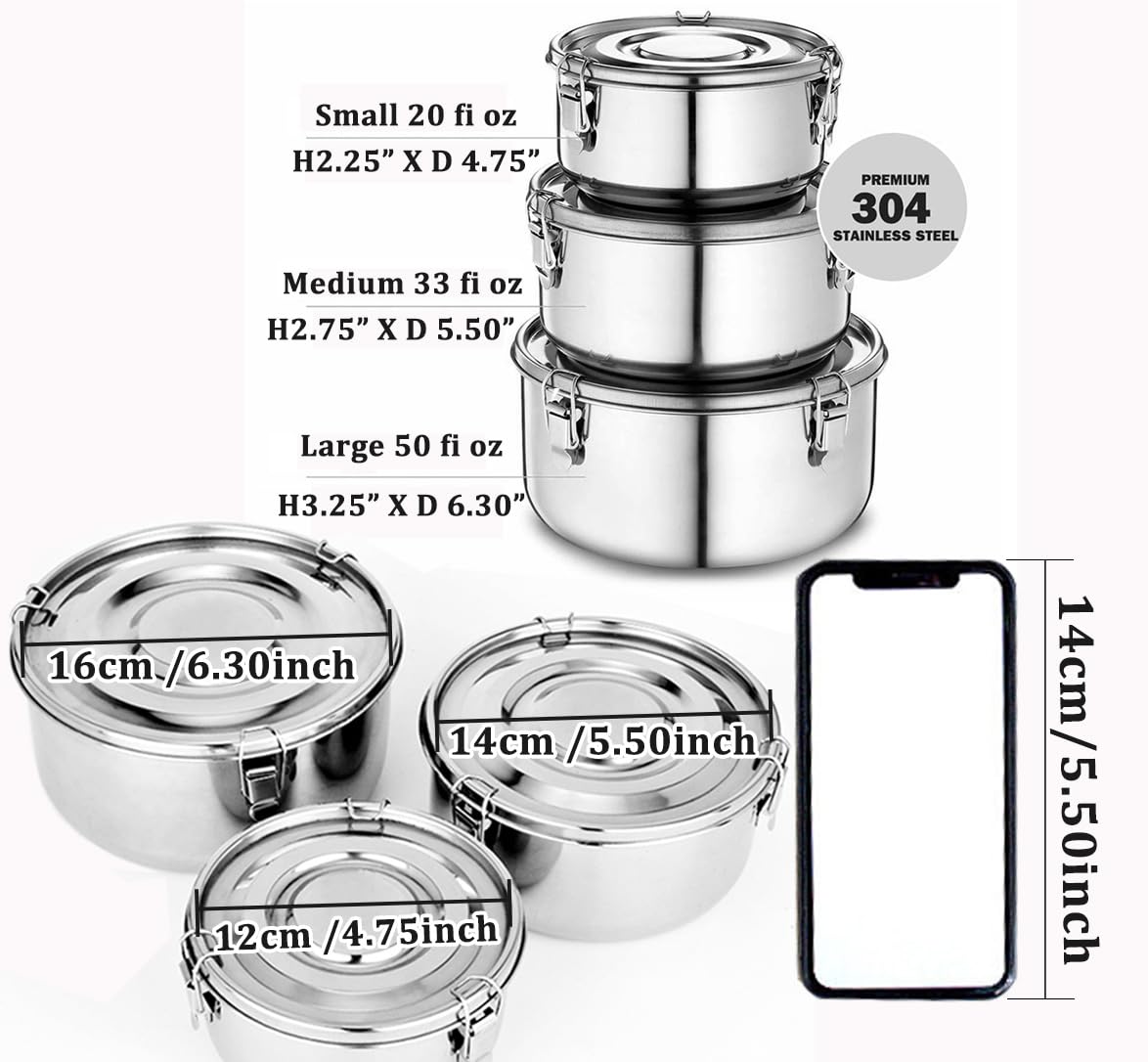 3 Pcs Premium Stainless Steel Food Storage Containers 304 Grade The Original Leak-Proof, Airtight, Smell-Proof - Perfect For Camping Trips, Lunches…