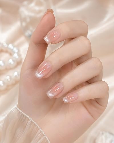Skiennix Cat Eye Press On Nails - Light Nude 30 Pcs 15 Sizes, Summer Short Square Fake Nails with Glue, Lightweight Natural Reusable Stick On Nails Beauty & Personal Care Skiennix