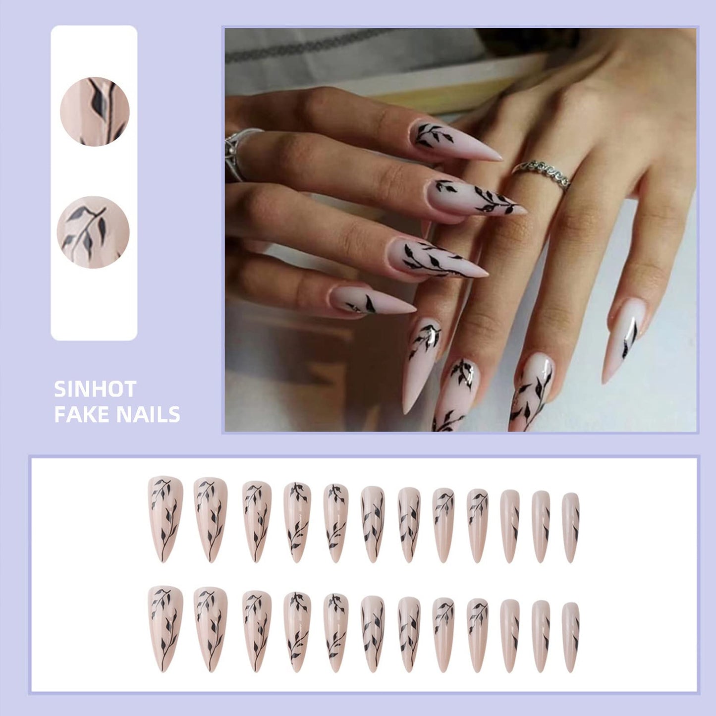 SINHOT Stiletto Press on Nails Extra Long Fake Nails with Glue Glossy False Nails with Black Leaves Designs Full Cover Almond Acrylic Nail 24pcs