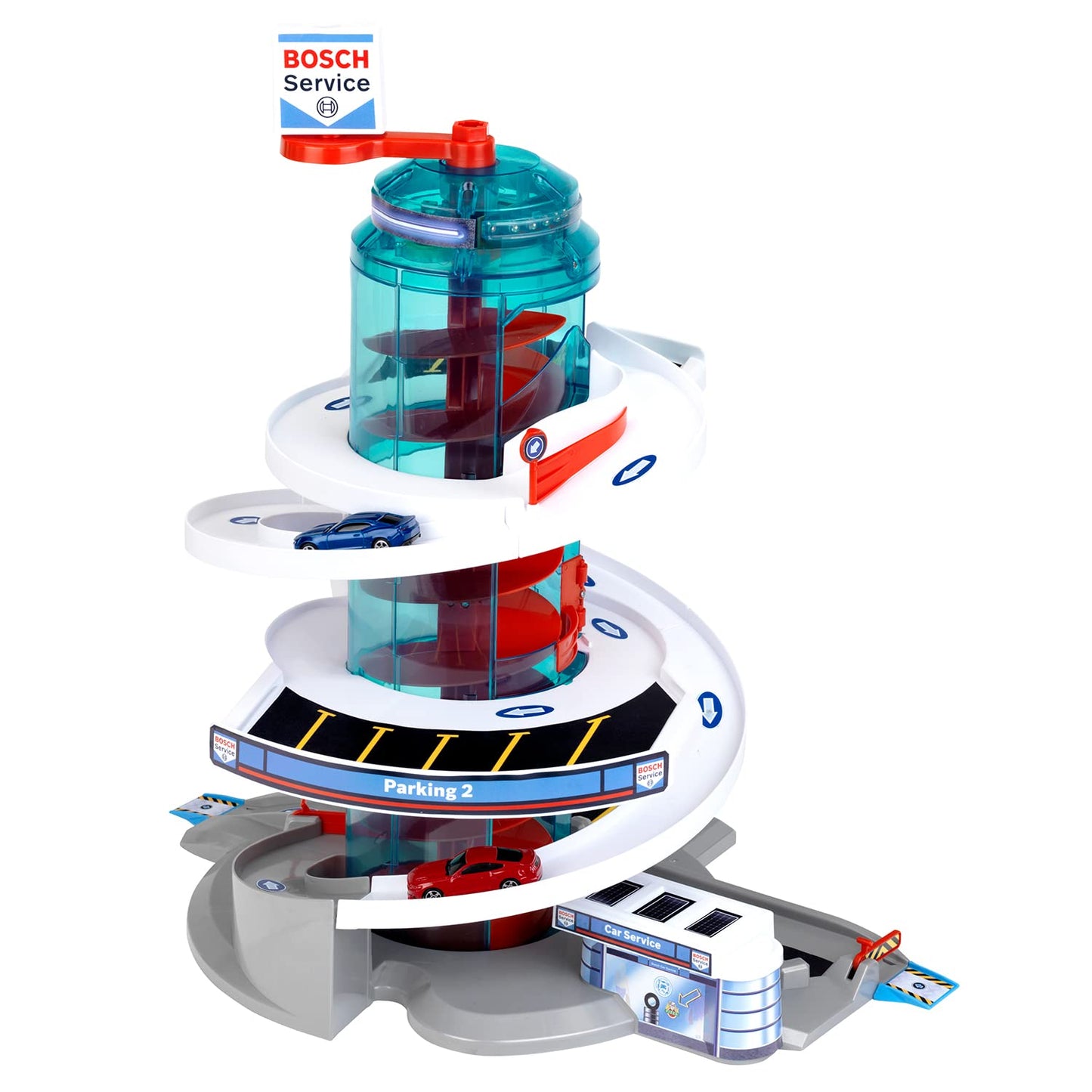 Theo Klein Bosch Car Service Helix Shaped Multi Story Parking Garage Pretend Playset Toy with 2 Toy Cars for Kids Aged 3 and Up