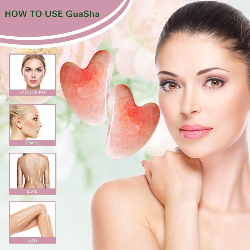 Gua Sha Massage Tool - 100% Natural Rose Quartz Heart Shape Jade Gua Sha Facial Tools for SPA Acupuncture Therapy Trigger Point Treatment, Gua Sha