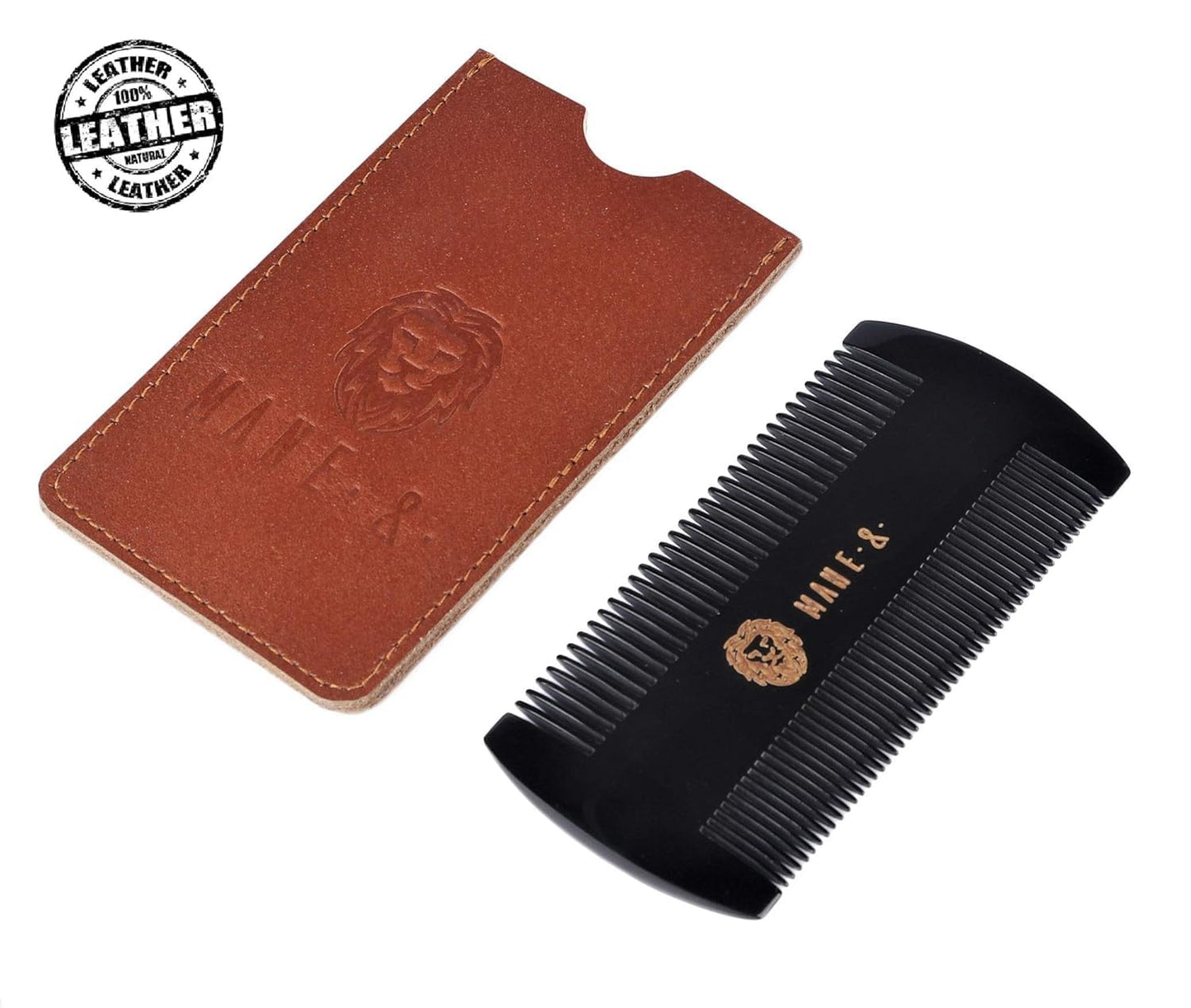 Premium 100% Oxhorn Dual-Action Beard Comb with Genuine Leather Case - the Perfect Beard Grooming Gift for Men by Man & Mane.