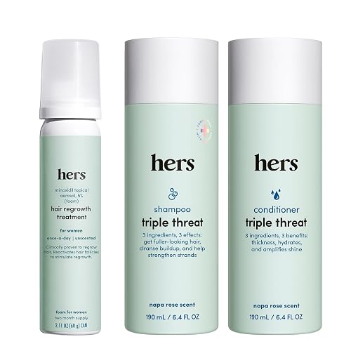 hers Triple Threat Shampoo, Conditioner, & Minoxidil Set - Includes 5% Minoxidil Foam Solution - Hair Thickening & Strengthening Formula