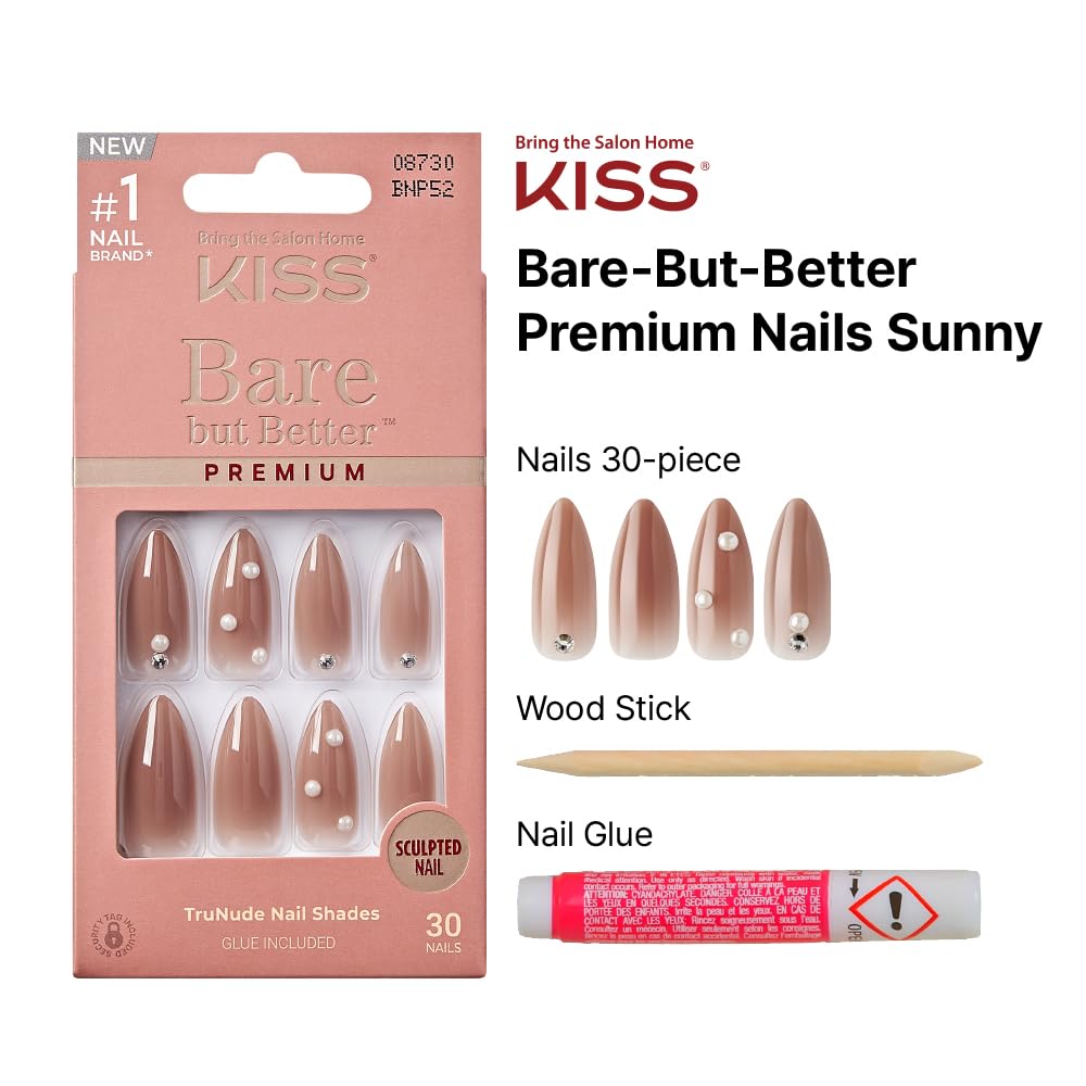 KISS False Nails Kit, Bare but Better Ready to Wear Sculpted Nails, Stick and Glue Included, Long Length, Almond Shape with Pearl Rhinestones Beauty & Personal Care KISS