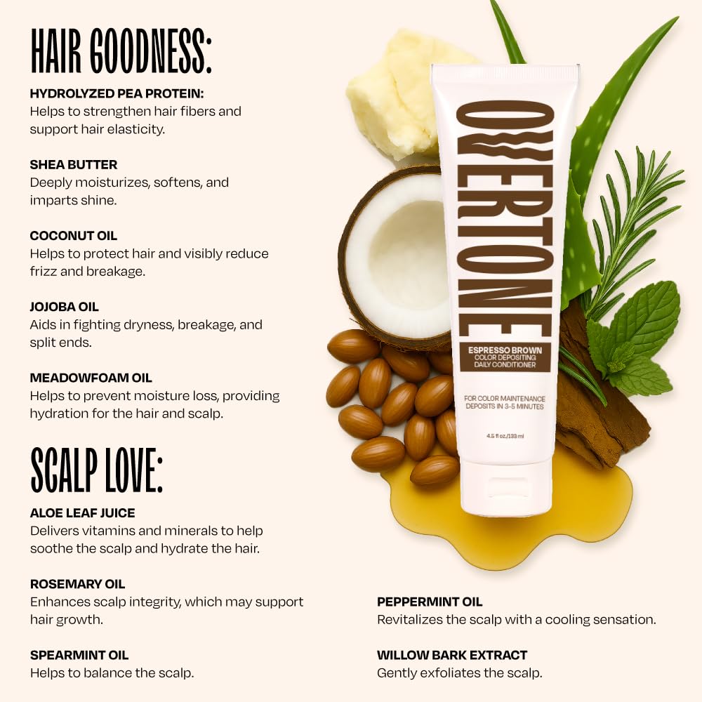 Overtone Daily Color Depositing Conditioner for Hair, Espresso Brown: Temporary Pigment with Shea, Coconut & Avocado Oils, Hydrating, Vegan Beauty and Personal Care oVertone