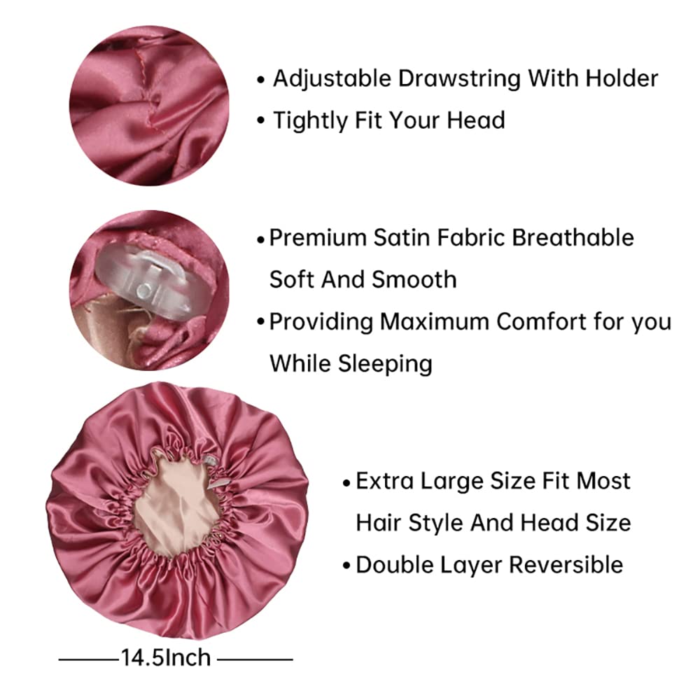 Satin Sleep Cap, Adjustable Satin Cap, Silk Bonnet, Reusable Bath Hair Cap for Night Sleeping Reversible Double Layer 2 Pack (Eggplant + Blush)