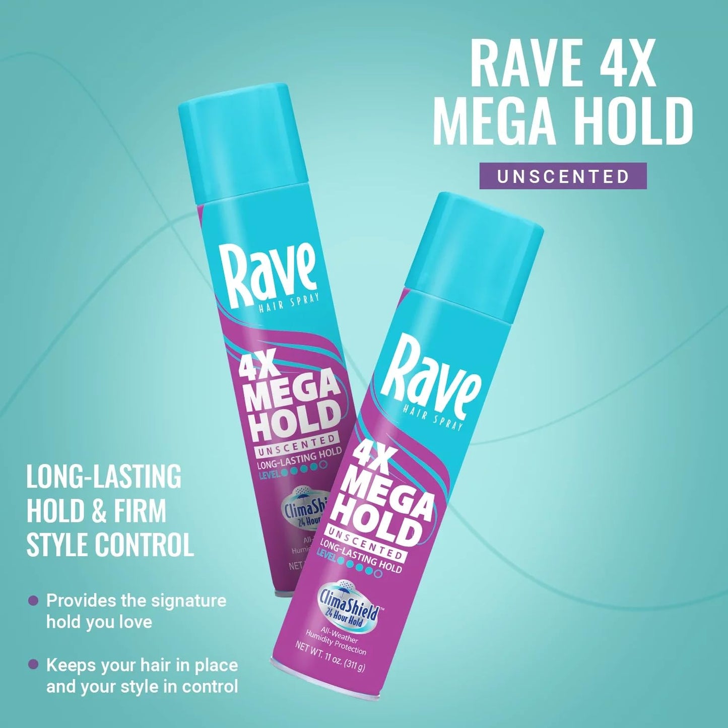 Rave 4X Mega Unscented Aerosol Hairspray - Hair Spray for High Humidity Weather - 24-Hour Lasting Hold - Vitamin-Enhanced Hair Volume Spray - 4 pc