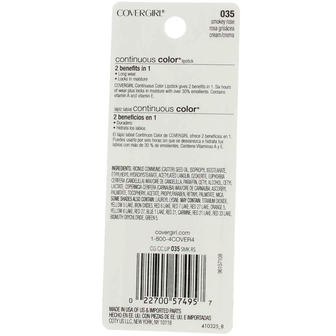 Cg Cs Lipstick 035 Smokey Size .13 O Cover Girl Continuous Color Lip Stick 035 Smokey Rose .13 Oz