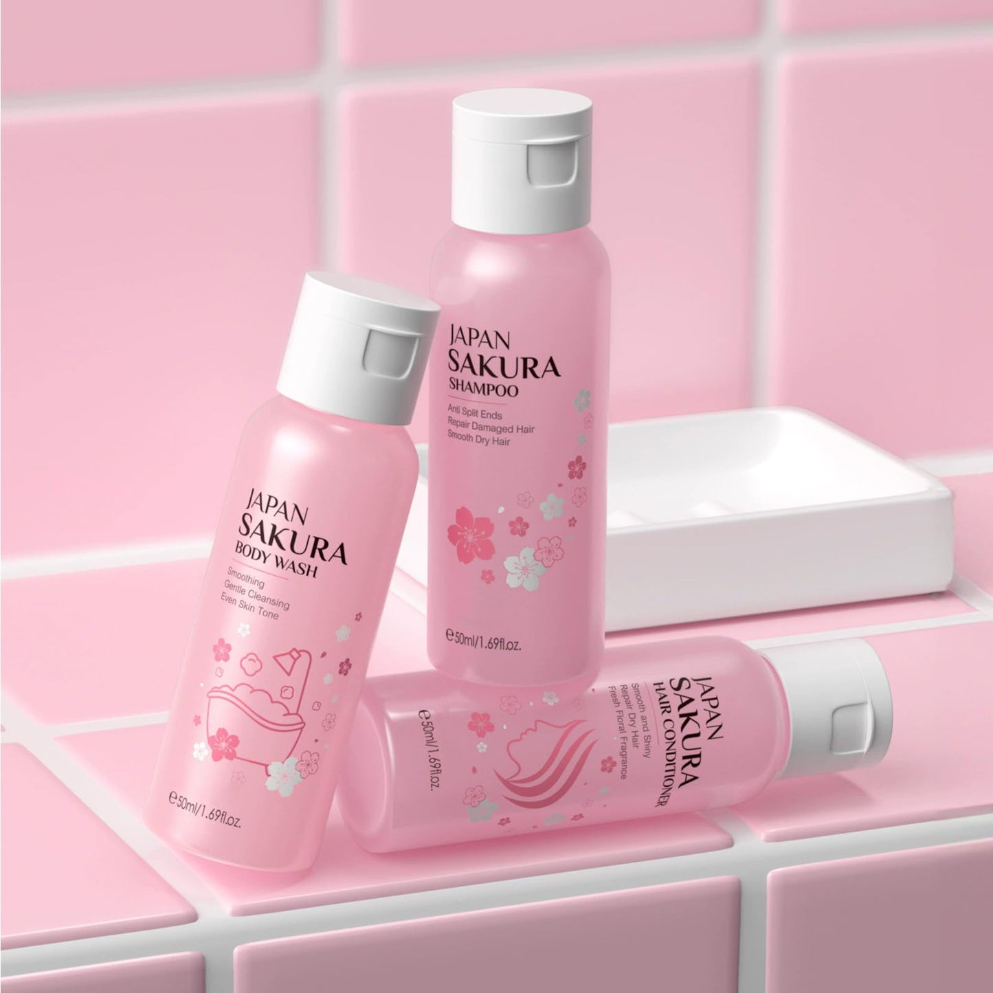 Cherry Blossom Shampoo and Conditioner & Body Wash Set,Hydrating Hair Care&Gentle Moisturizing Shower Gel,Delicate Floral Scent for Soft Silky