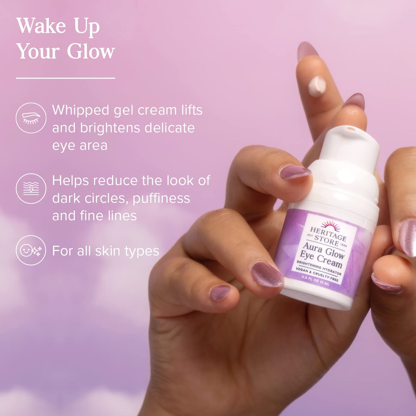 HERITAGE STORE Aura Glow Eye Cream, Under Eye Brightener & Hydrator, Minimizes look of Puffiness, Dark Circles, Fine Lines & Wrinkles w/Bakuchiol