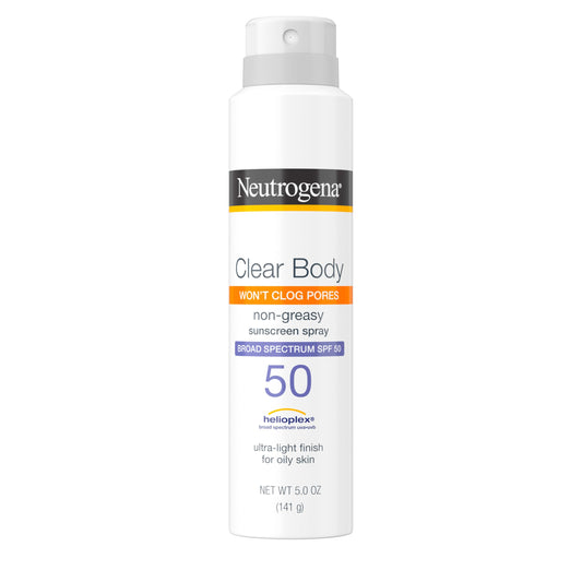 Neutrogena Clear Body SPF 50 Sunscreen Spray, Broad Spectrum UVA/UVB Sun Protection, Water-Resistant, Non-Comedogenic, Lightweight Body Sunscreen