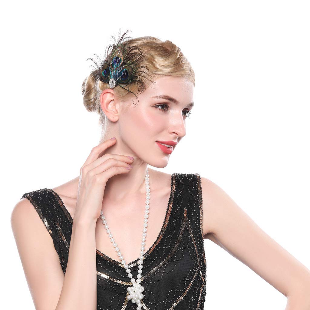 Aimimier 1920s Flapper Peacock Feather Hair Clip Crystal Hair Piece Vintage Roaring 20s Prom Party Festival Hair Accessories for Women