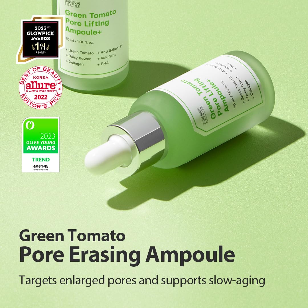 SUNGBOON EDITOR Green Tomato Pore Lifting Ampoule | Pore Minimizer Serum with Niacinamide & Green Tomato Extract | Hydrating & Firming Care