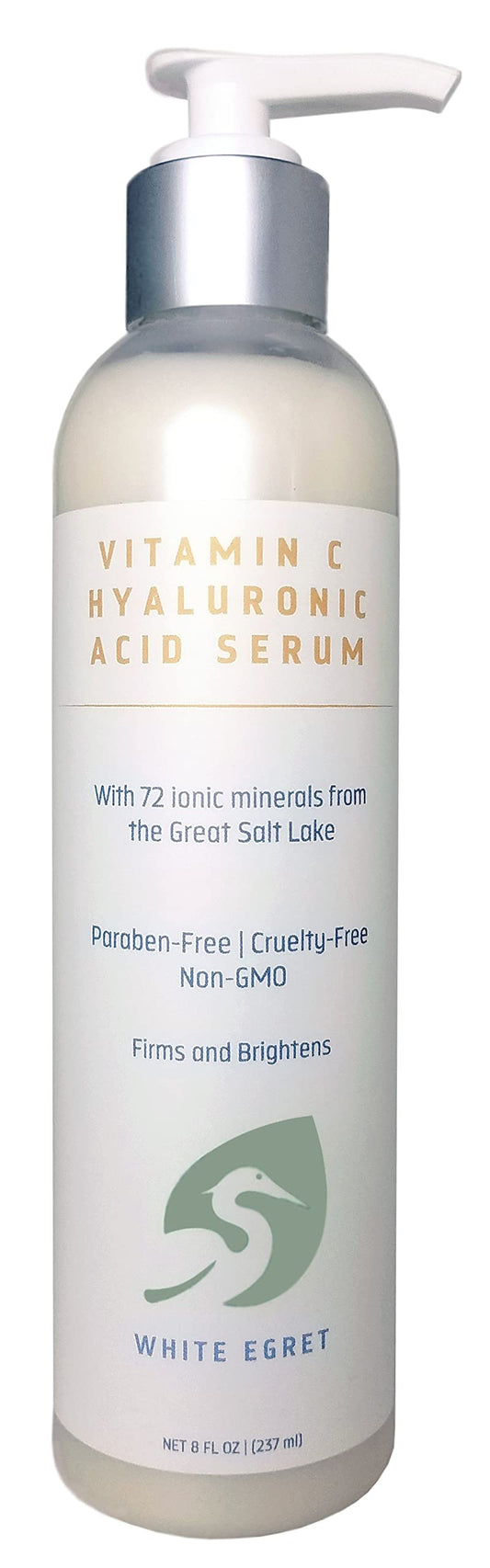 White Egret Hyaluronic Acid with Vitamin C, 72 Ionic Minerals from The Great Salt Lake for Firming, and brightening Skin, 8 fl. Oz